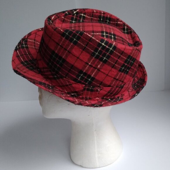 Red & Black Woven with Gold Thread Tartan Corduroy Porkpie Hat ~ Super Cute!! - Picture 1 of 9
